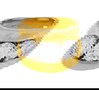 18k Yellow Gold and Diamond Ring: 18k Yellow Gold and Diamond Ring Ring set with three Old European cut diamonds, center is 1.28 carats and I color, sides 1.14 and 1.18 carats and G/H color, all VS-1/2 clarity, no florescence noted (m