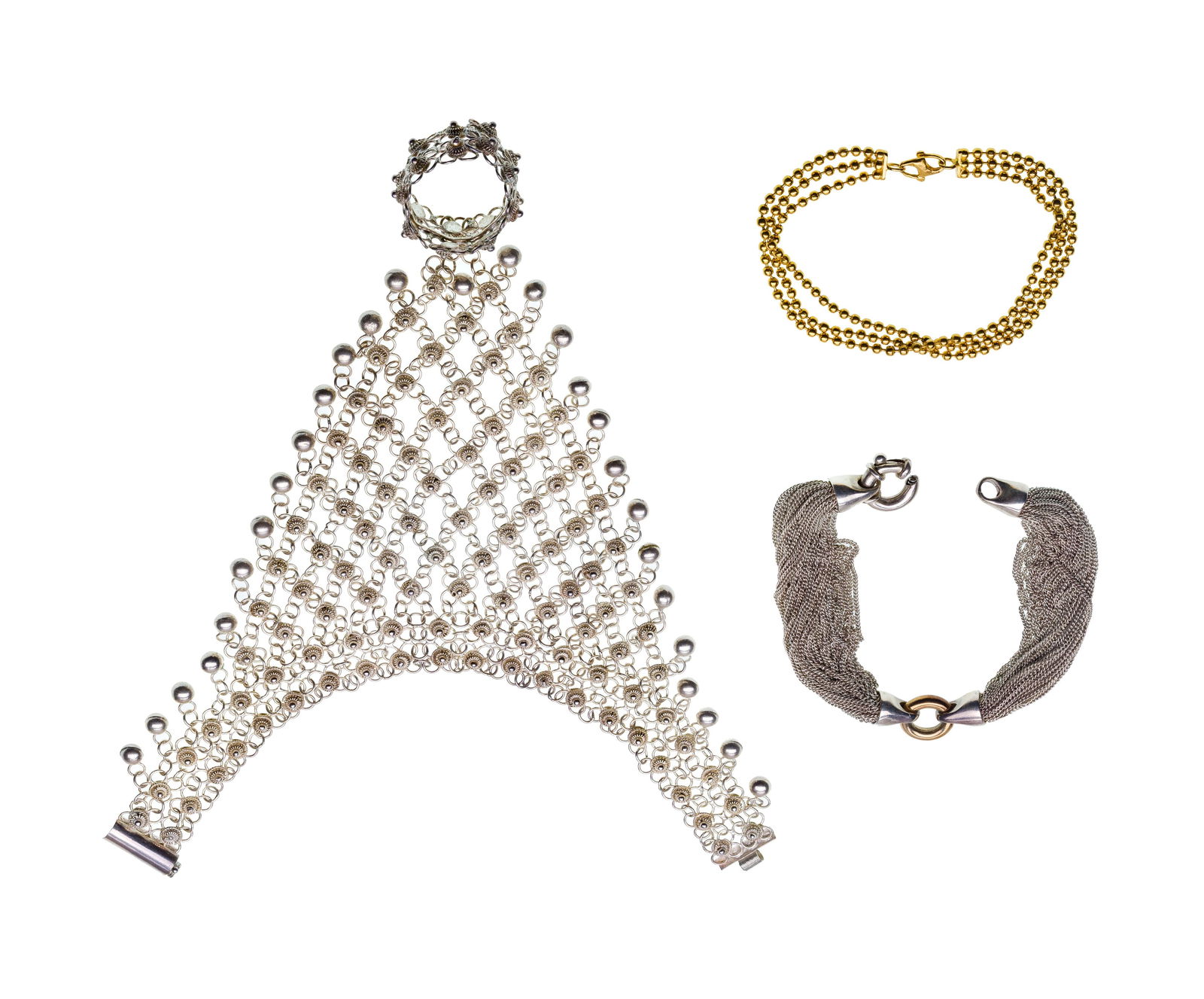 22k Yellow Gold and Sterling Silver Jewelry Assortment: 22k Yellow Gold and Sterling Silver Jewelry Assortment (3) items including a three-strand beaded bracelet (marked '22k' / '916') as well as sterling including a multi-strand bracelet and a ring / brac
