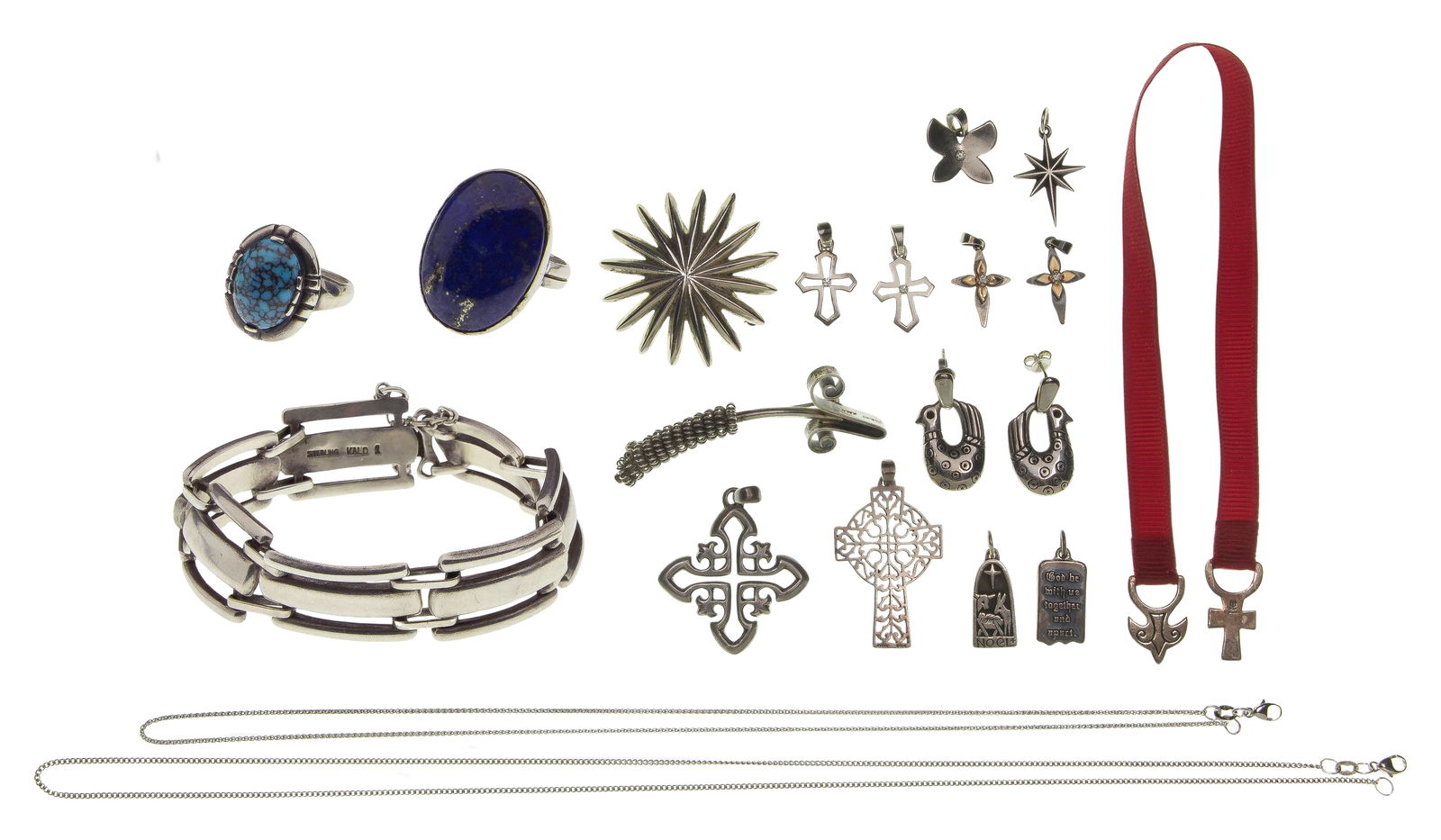 Kalo Shop and James Avery Sterling Silver Jewelry Assortment: Kalo Shop and James Avery Sterling Silver Jewelry Assortment (19) items including rings, earrings, pendants, a bracelet and necklaces, some having original boxes and anti-tarnish bags (all hallmarked,