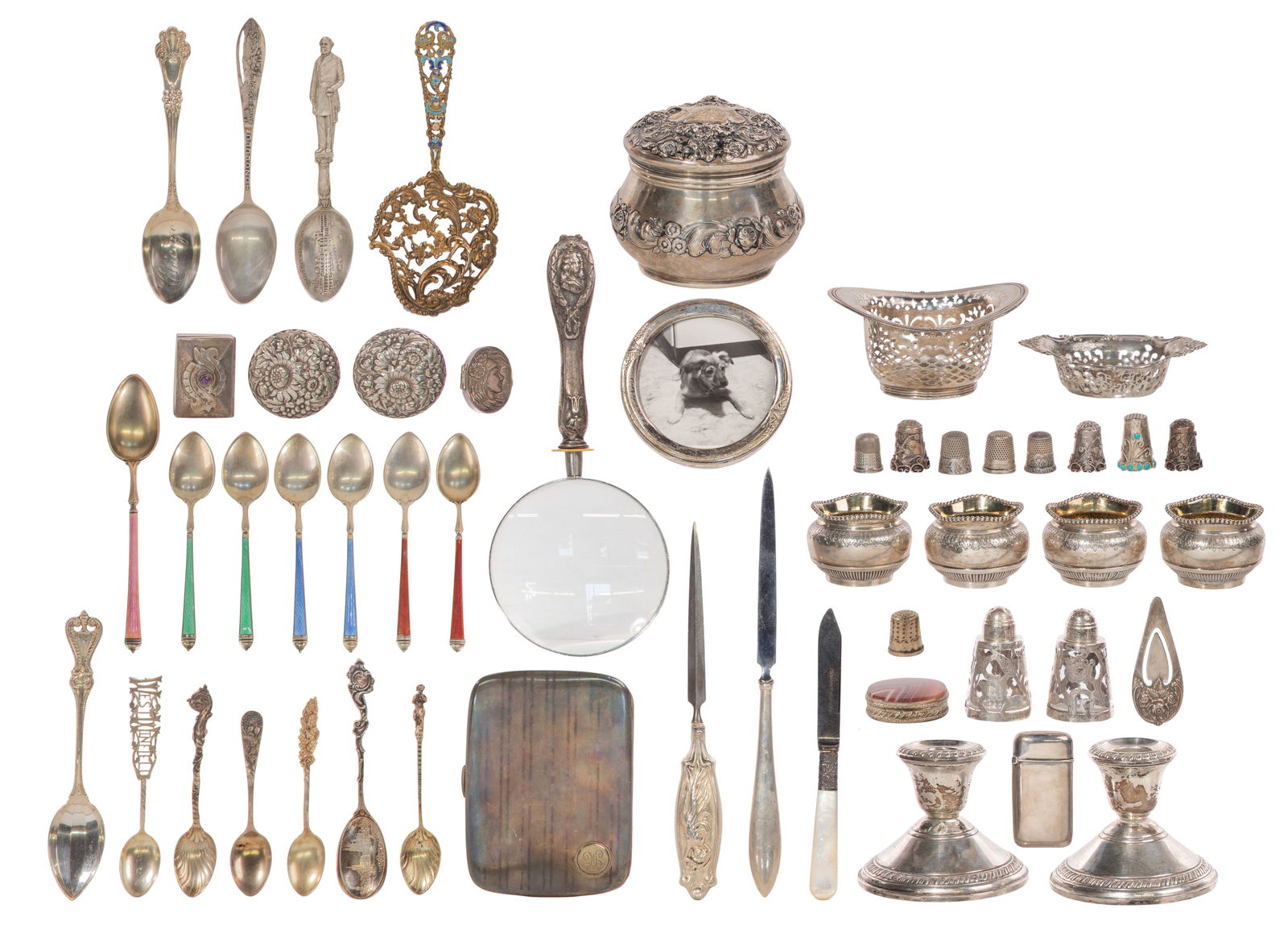Sterling Silver and European Silver Object Assortment: Sterling Silver and European Silver Object Assortment Approximately (50) items including a vanity jar, pierced baskets, pill boxes, a cigarette case and spoons (some having enamel decor) as well as we