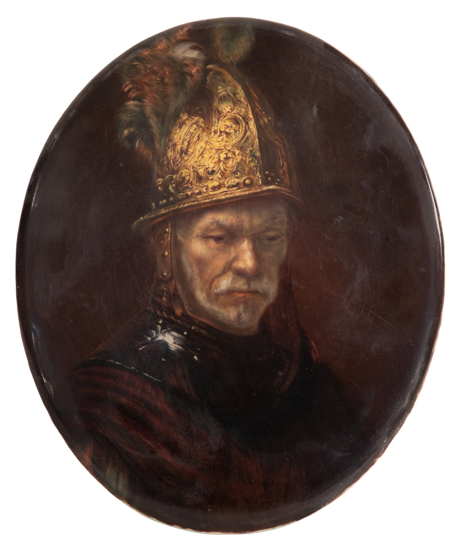 Fraureuth Porcelain Plaque: Fraureuth Porcelain Plaque Undated, unsigned, painted plaque depicting 'The Man with the Golden Helmet' after Rembrandt, having German inscription verso citing painter as Oskar Dietrich, unframed Prop