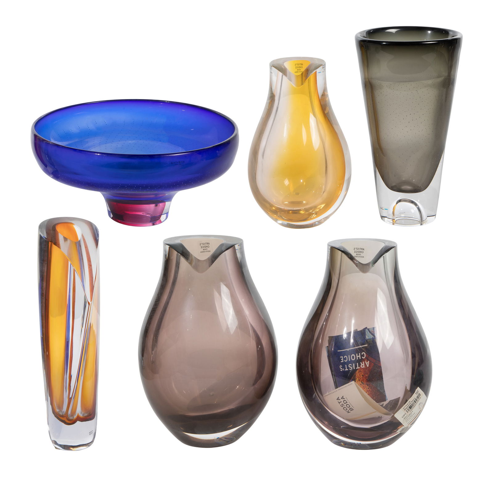 Goran Warff for Kosta Boda Art Glass: Goran Warff for Kosta Boda Art Glass (6) items including (5) vases and a bowl having engraved marks underside, some retaining Kosta Boda labels Property from: a Private Collector, Chicago (Edgewater),