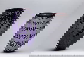 Duncan McClellan (American, b.1955) Art Glass Vases: Duncan McClellan (American, b.1955) Art Glass Vases (2) undated, sand-cast items, both signed, including a purple vase having palm trees, butterflies, and dragonflies and 'Men a Morphis' having human