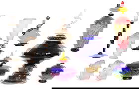 Art Glass Assortment: Art Glass Assortment (10) items including an Orrefors Celeste candlestick decorated by Anne Nilsson, initialed 'AN.AK' on foot and retaining maker foil label, (3) frosted human head sculptures, one si