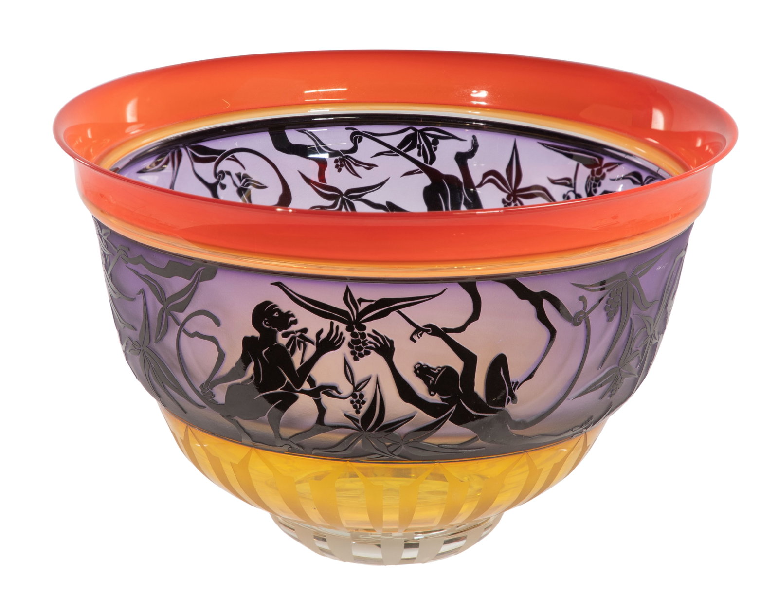 Gary Genetti (American, 20th Century) Art Glass Bowl: Gary Genetti (American, 20th Century) Art Glass Bowl 1997, engraved signature and date to side, having etched and sandblasted band of black monkeys and foliage on frosted pale aubergine below an evert