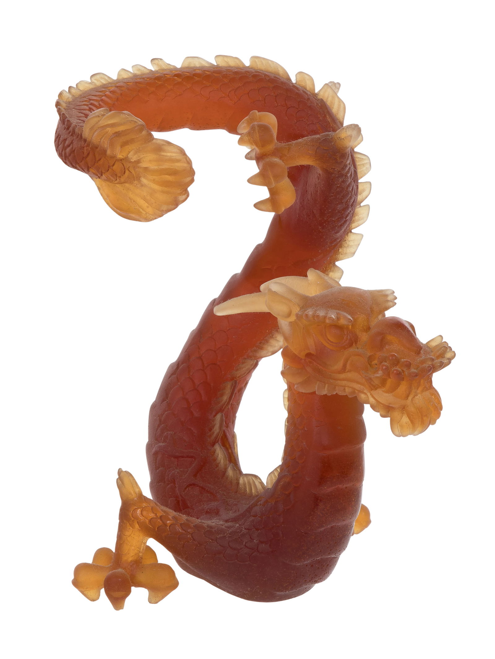 Daum Amber Pate De Verre Dragon: Daum Amber Pate De Verre Dragon Depicting a dragon on its fore feet having a raised tail, marked 'Daum France' Property from: a Private Collector, Chicago (Edgewater), Illinois Height: 8 inches, Width