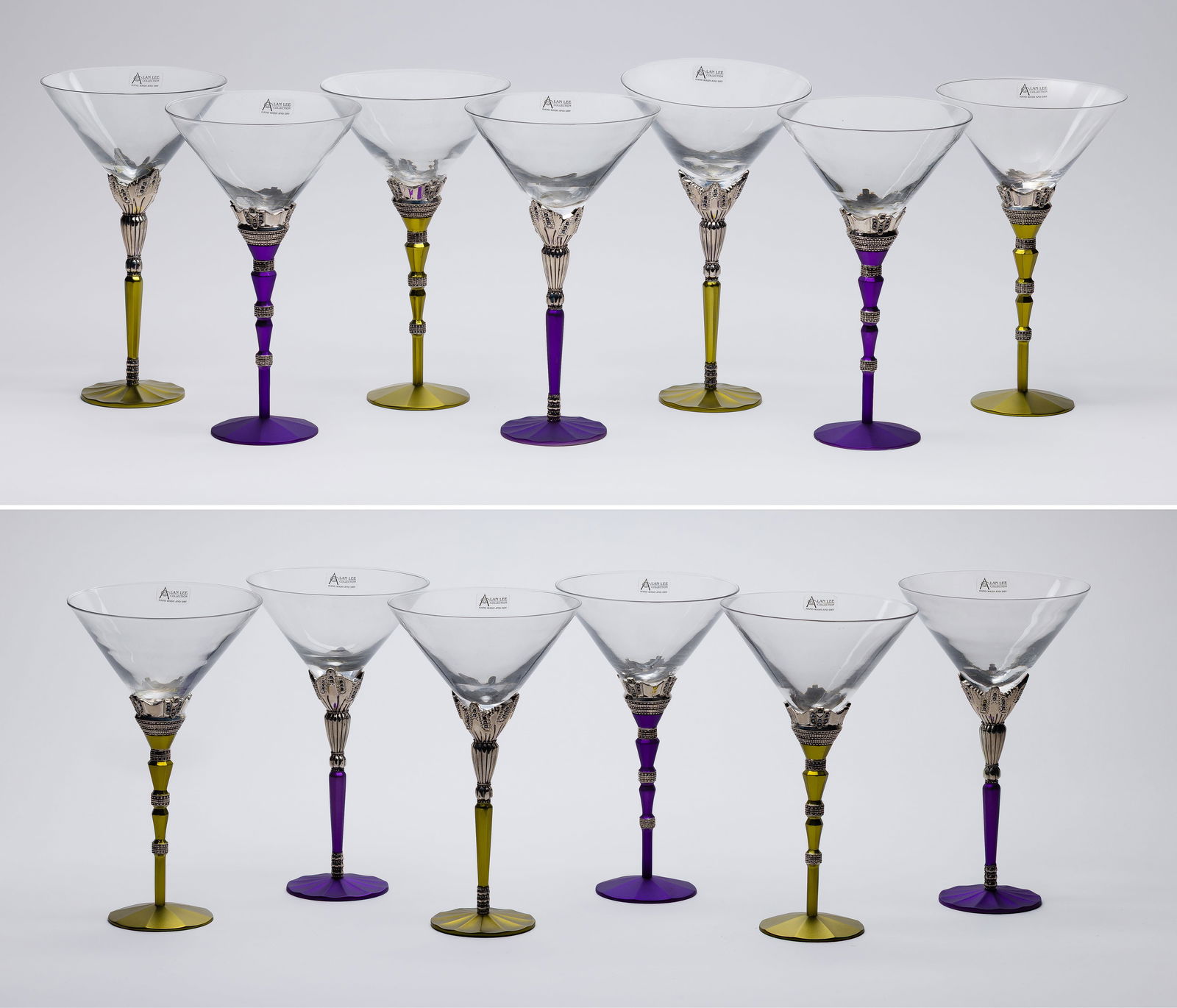 Wallace Alan Lee Collection Martini Glasses: Wallace Alan Lee Collection Martini Glasses (13) items, Baroque style martini glasses having plated metal stems and feet, set with colored crystals below the glass bowl, marked underside Property from