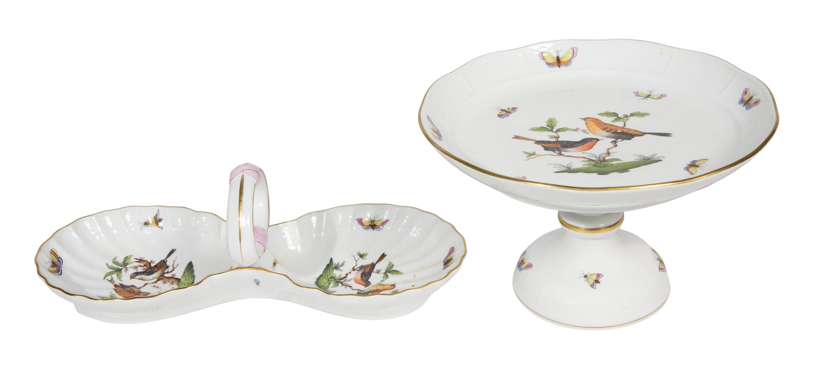 Herend Rothschild Bird Porcelain Cake Platter and Relish Dish: Herend Rothschild Bird Porcelain Cake Platter and Relish Dish (2) items including a #311 cake stand and #7530 relish dish, both having Herend mark to the underside Property from: an Estate, Chicago (G