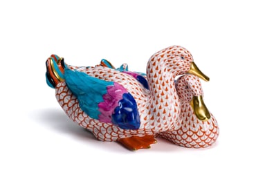 Herend Fishnet Ducks Porcelain Figurine