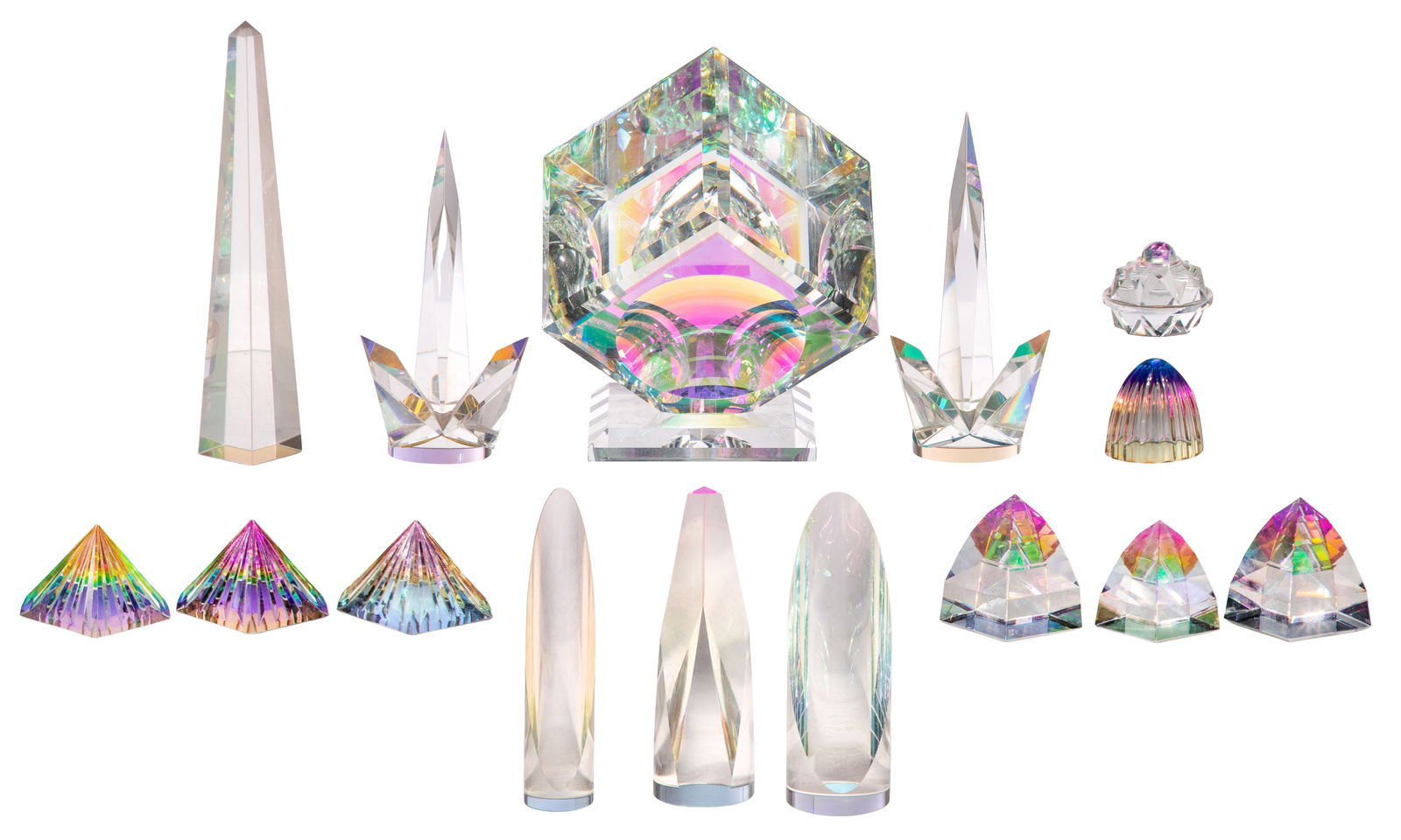 Swarovski Crystal and Crystal Assortment: Swarovski Crystal and Crystal Assortment (15) items including (3) pyramid paperweights (hallmarked 'Swarovski') as well as a cube on point on a base, (4) obelisks, (2) crystal style, (3) pyramids and