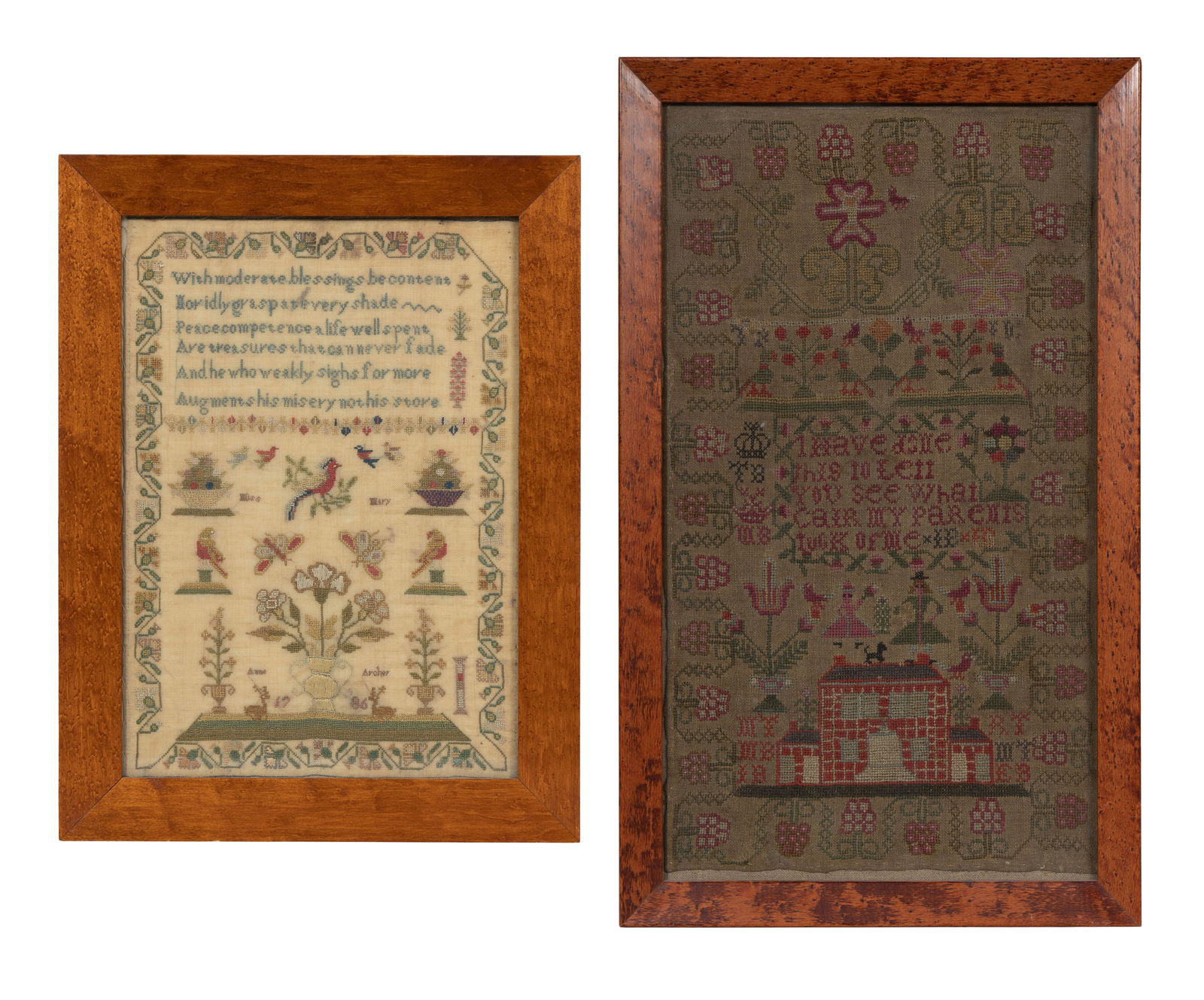 18th and 19th Century Embroidery Samplers: 18th and 19th Century Embroidery Samplers (2) items including a dated 1786 work by Anne Archer having an inspirational poem above a field of flowers, flower baskets, birds and butterflies centering a