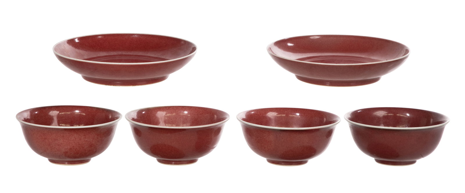 Chinese Sang de Boeuf Bowl Assortment: Chinese Sang de Boeuf Bowl Assortment (6) items, all having oxblood red glaze overall except rims and feet, including (4) matching having underglaze blue 6-character Guangxu marks underside and (2) ma