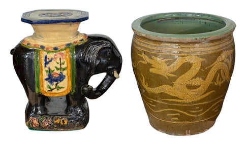Chinese Elephant Garden Stool and Dragon Jardiniere