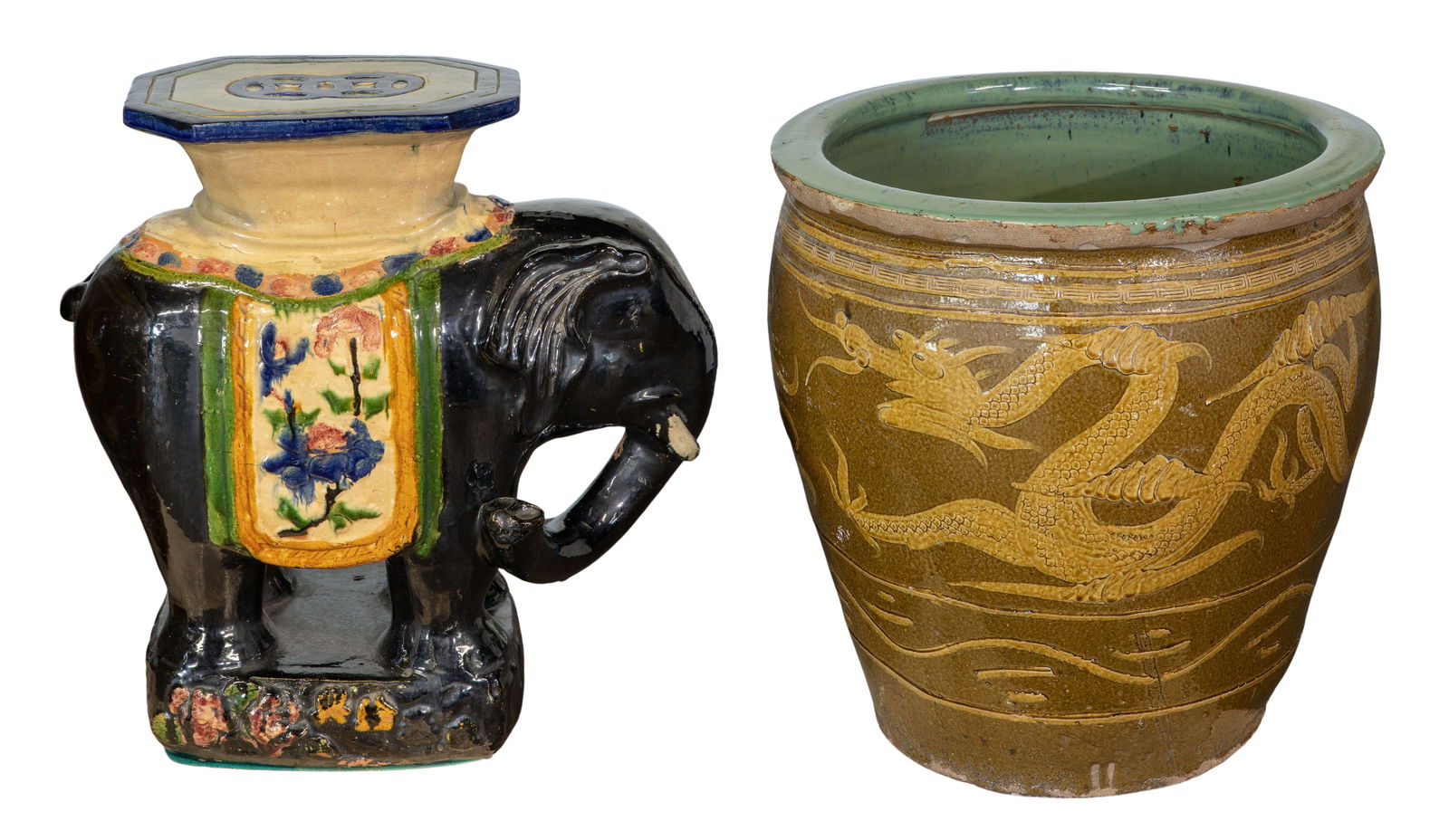 Chinese Elephant Garden Stool and Dragon Jardiniere (1 of 2)