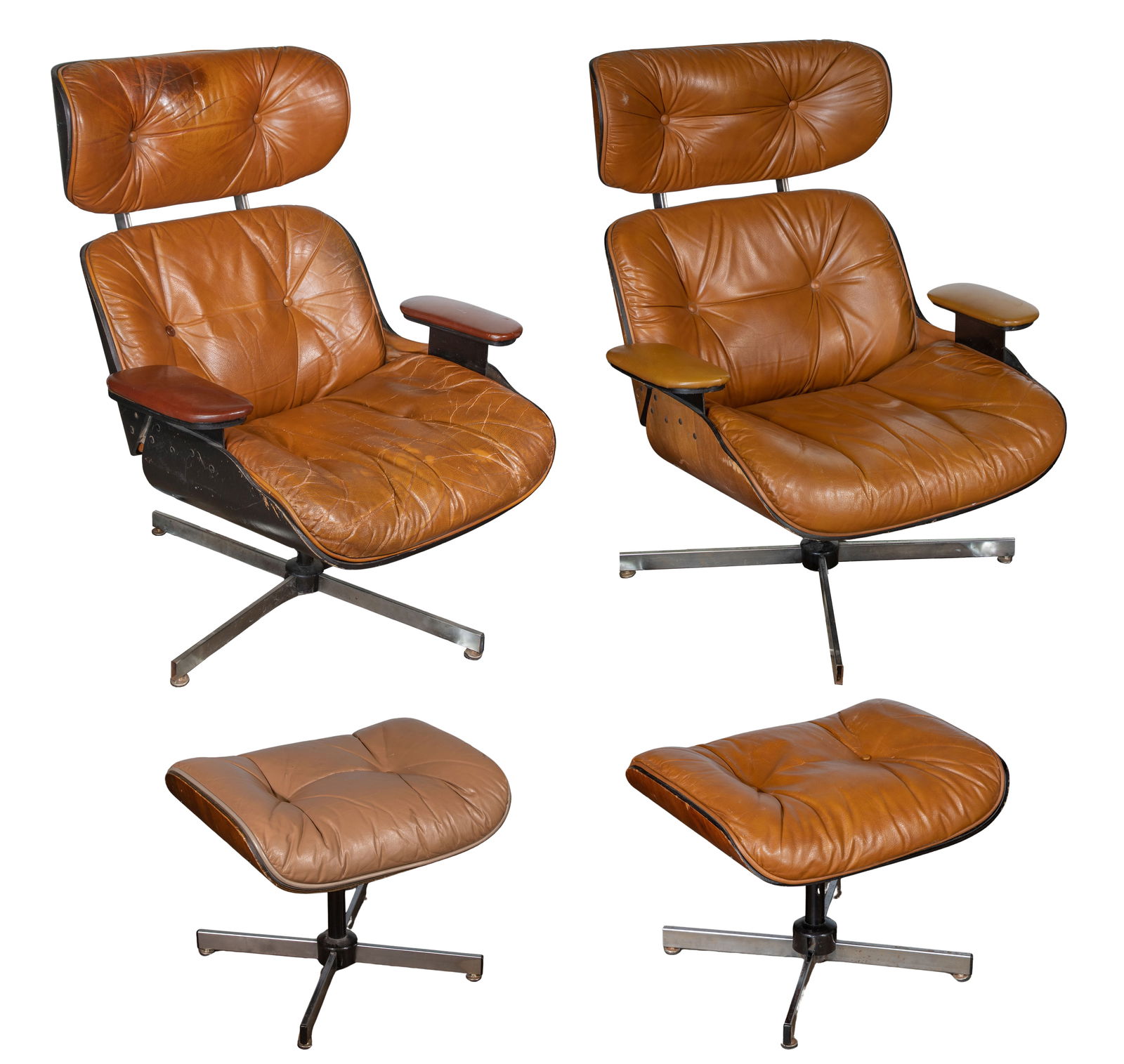 George Mulhauser for Plycraft Lounge Chairs with Ottomans: George Mulhauser for Plycraft Lounge Chairs with Ottomans (2) unmarked chair and ottoman sets having molded plywood curved shells, tufted faux leather upholstery, star-shaped steel base, each chair sw