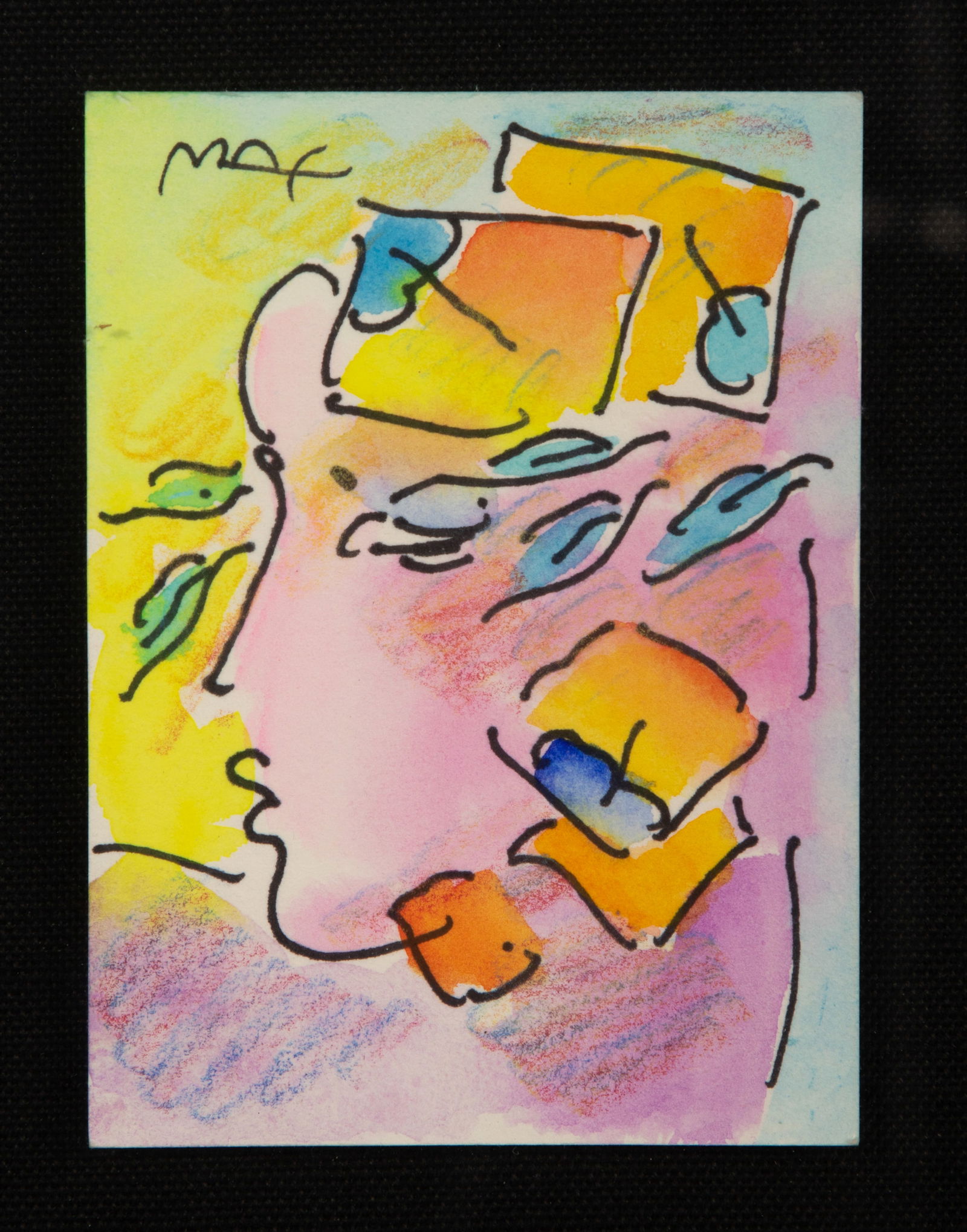 Peter Max (German / American, b.1937) 'Profile Series' Mixed Media: Peter Max (German / American, b.1937) 'Profile Series' Mixed Media 1995, signed, depicting a bust in profile, float matted under acrylic in wood frame, additional doodles on backing paper verso, COA P