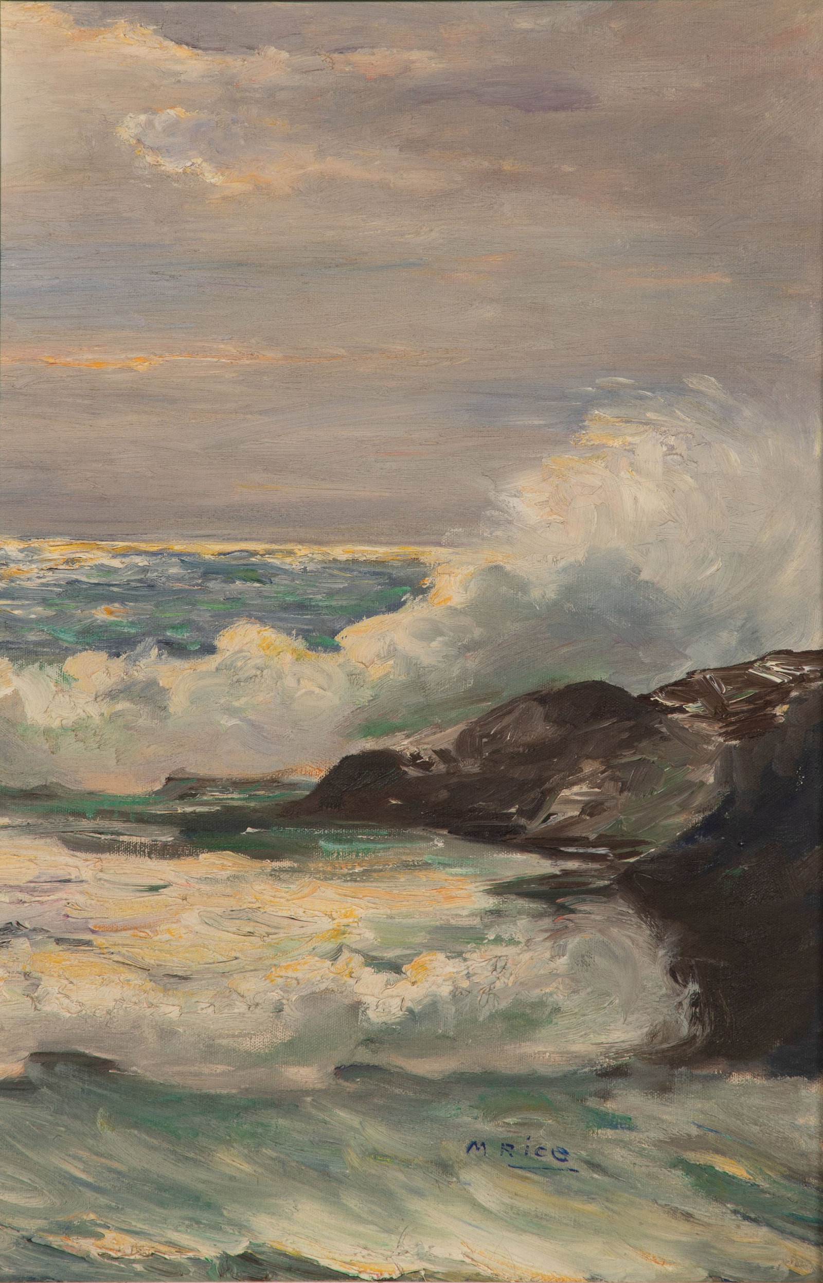 20th Century Oil on Canvas: 20th Century Oil on Canvas Undated, signed 'M. Rice', depicting a seascape, marked 'Sea Scape #4 D F Wightman 1950' verso, Eleanor Burkart Galleries label verso, in a wood frame Exhibitions: Eleanor B