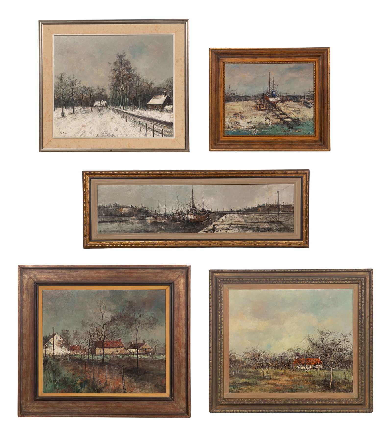 Michel Girard (French, b.1939) Oils on Canvas: Michel Girard (French, b.1939) Oils on Canvas (5) undated items, all signed, including 'Long Boat Canal', 'Boat in Dry Dock', 'Winter', 'French Farm Road' and 'Landscape with House', all in wood frame