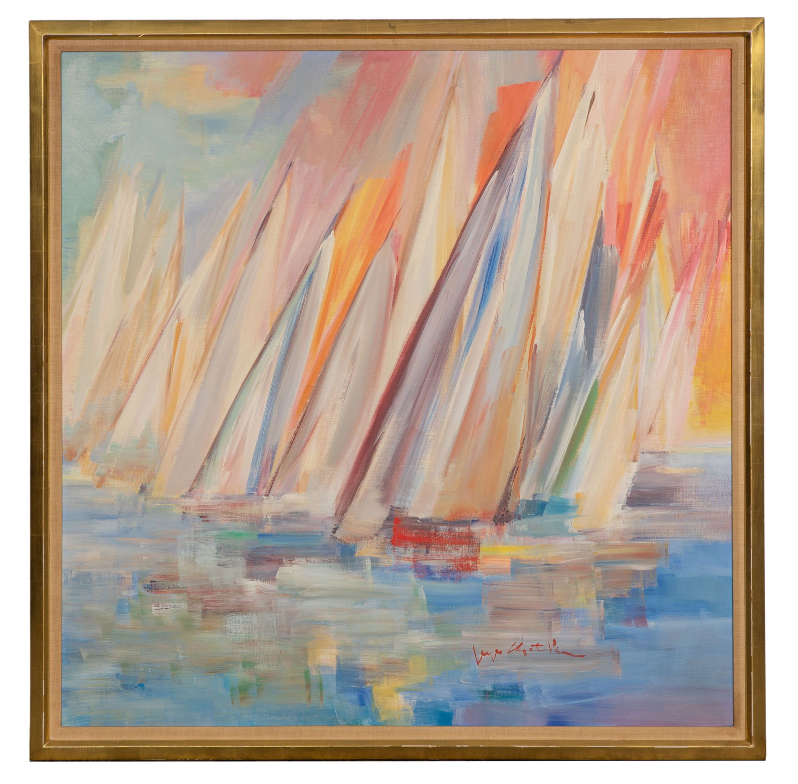 Georges Choquet Perez (French, b.1923) 'Regate 87' Oil on Canvas: Georges Choquet Perez (French, b.1923) 'Regate 87' Oil on Canvas Undated, signed lower right, depicting a group of racing sailboats in Impressionistic style, in a linen lined gilt wood frame, document