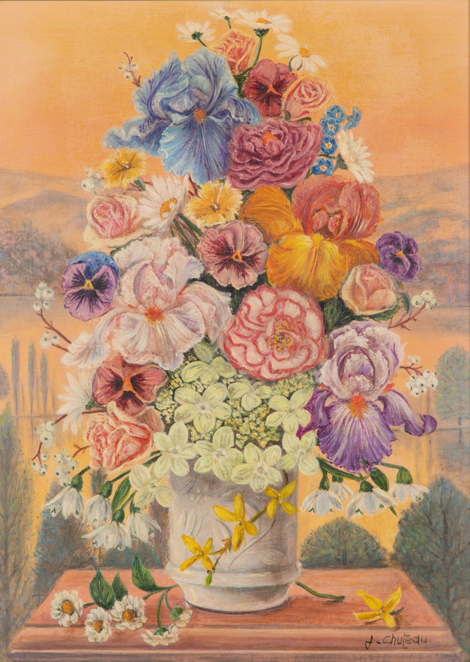 Jacqueline Chuteau (French, b.1923) 'Opaline' Oil on Board: Jacqueline Chuteau (French, b.1923) 'Opaline' Oil on Board Undated, signed lower right, depicting a floral still life against a landscape, in a gilt wood frame with linen liner, documents from Wally F