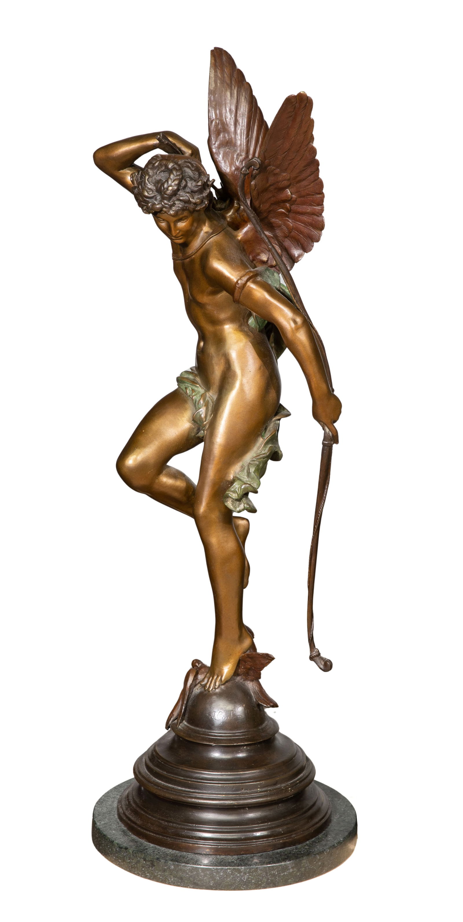 After Jules Felix Coutan (French, 1848-1939) Bronze Cupid Sculpture: After Jules Felix Coutan (French, 1848-1939) Bronze Cupid Sculpture Undated, impressed signature just under left foot, mounted on a round marble base Property from: an Estate, Chicago (Gold Coast), Il