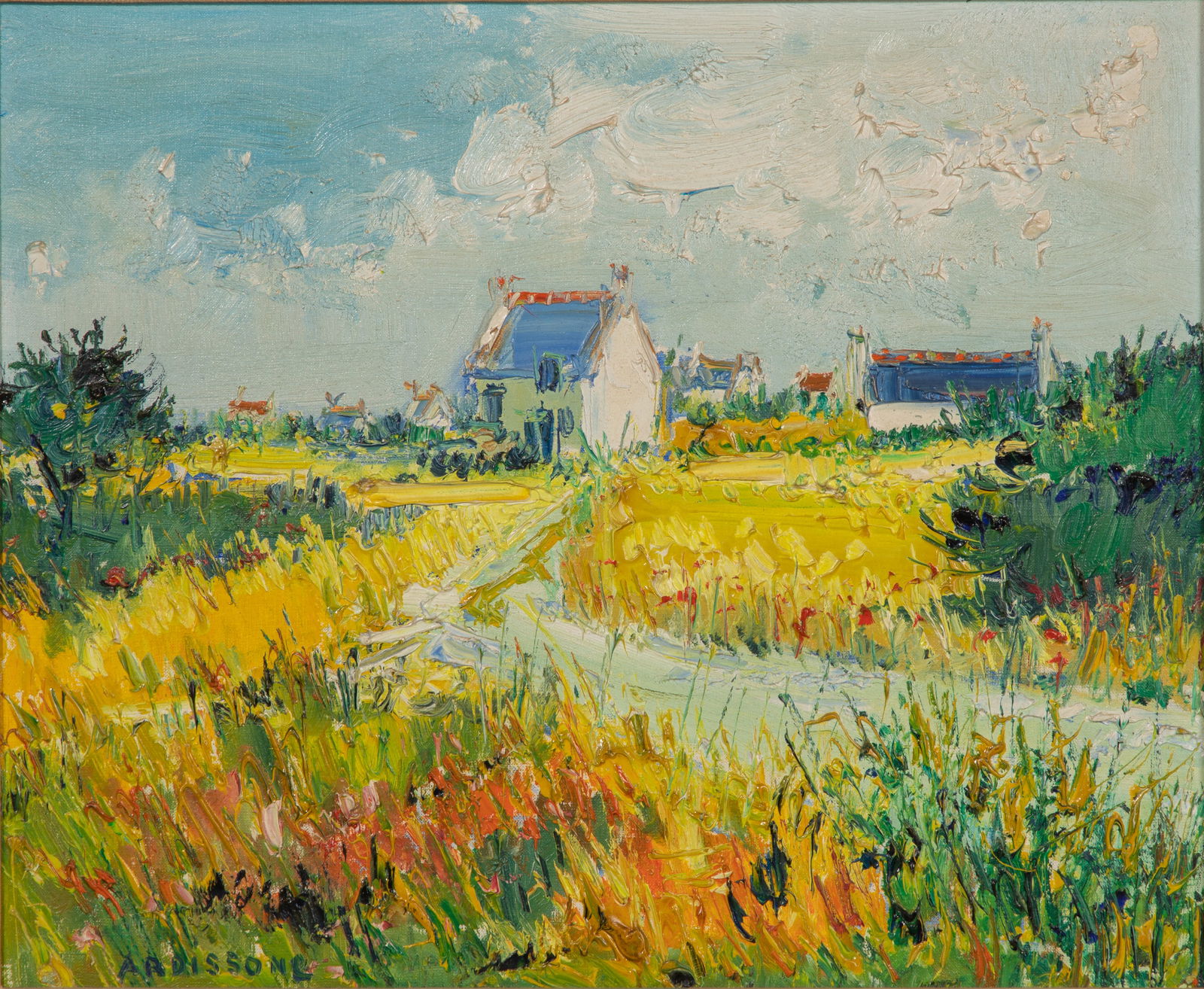 Yolande Ardissone (French, 1927-2024) 'Champs de Ble a la Trinite' Oil on Canvas: Yolande Ardissone (French, 1927-2024) 'Champs de Ble a la Trinite' Oil on Canvas Undated, signed lower left, depicting a landscape of wheat fields and distant houses in impasto technique, in a gilt wo