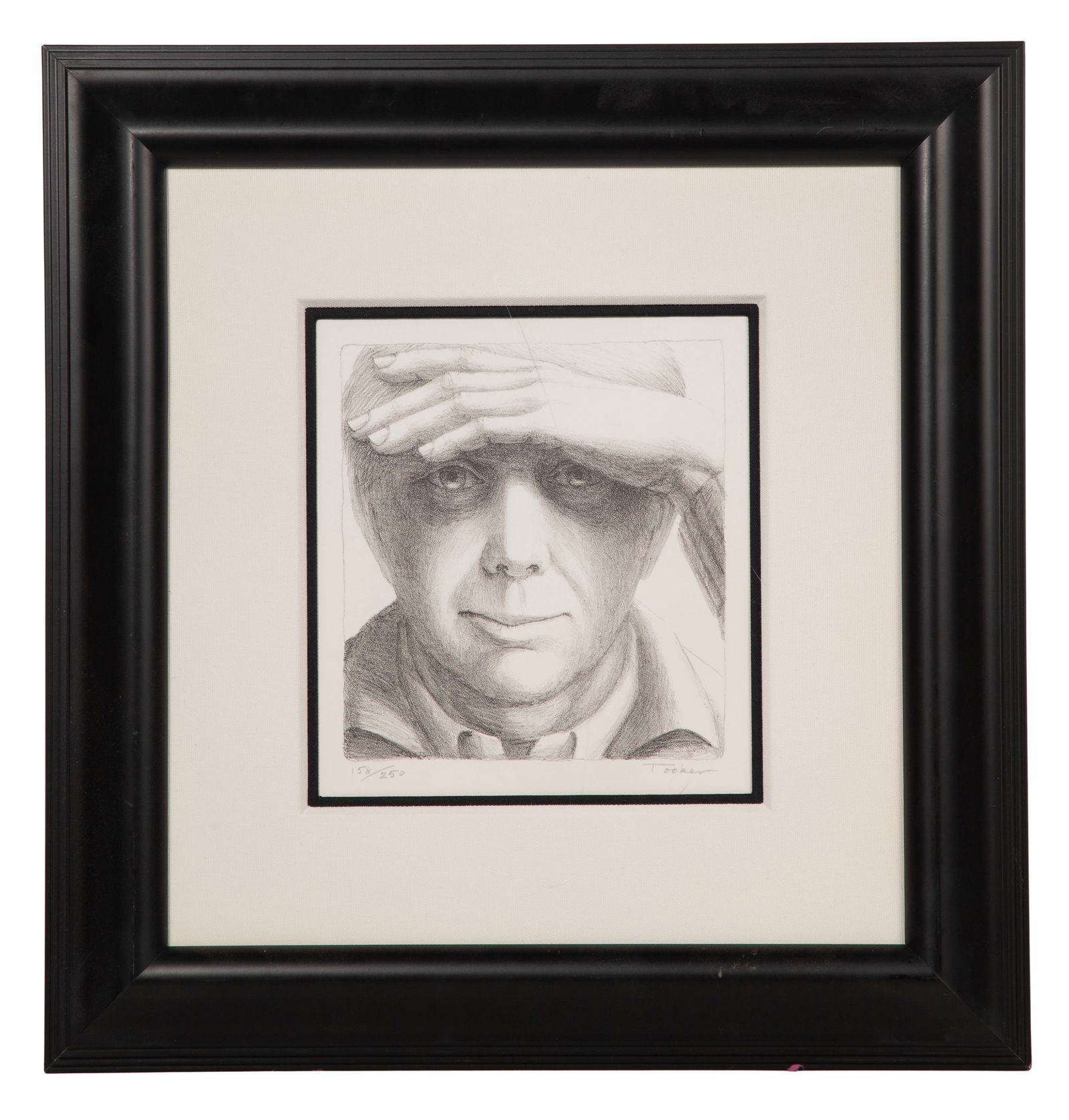 George Tooker (American, 1920-2011) 'Self-Portrait I' Lithograph: George Tooker (American, 1920-2011) 'Self-Portrait I' Lithograph 1984, pencil signed, #158/200, printed on rives paper, matted and framed behind plexiglass, Martin Lawrence Galleries COA and label ver