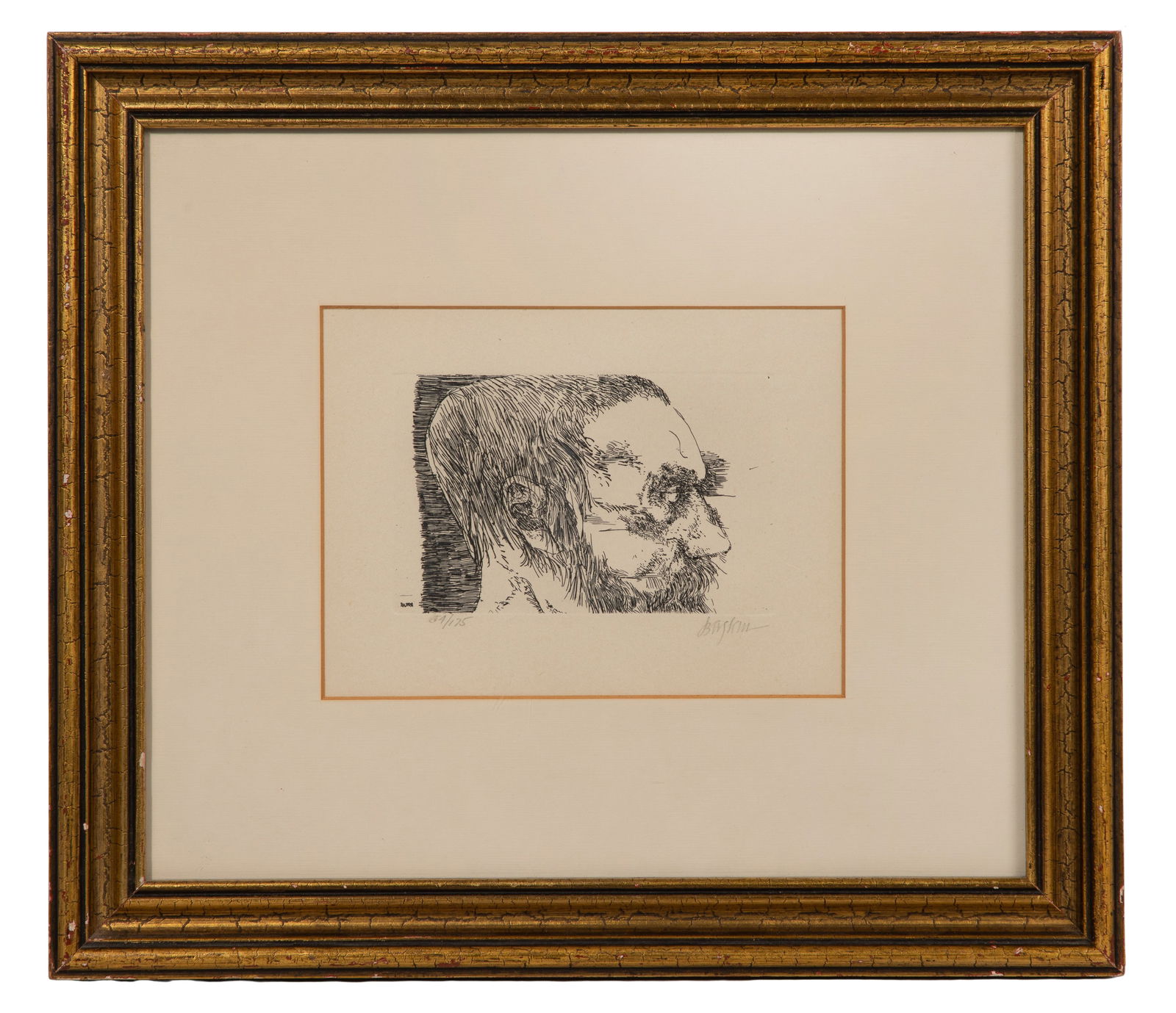 Leonard Baskin (American, 1922-2006) 'Self-Portrait' Drypoint Etching: Leonard Baskin (American, 1922-2006) 'Self-Portrait' Drypoint Etching Undated, pencil signed, #54/175, behind glass in a gold-tone painted wood frame Property from: a Private Collector, Chicago (West