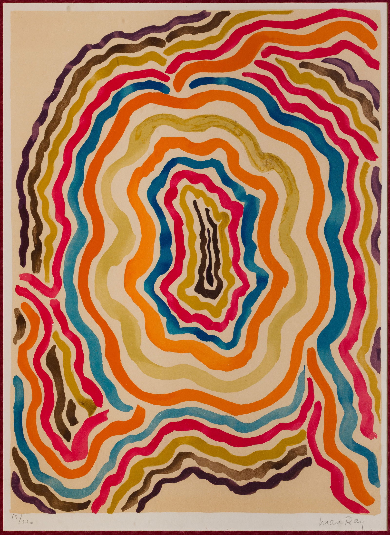 Man Ray (American, 1890-1976) Untitled from 'L'Originedes Especes' Lithograph: Man Ray (American, 1890-1976) Untitled from 'L'Originedes Especes' Lithograph 1971, pencil signed and #75/180 to the lower margin, depicting an abstract composition of irregular concentric rings in br