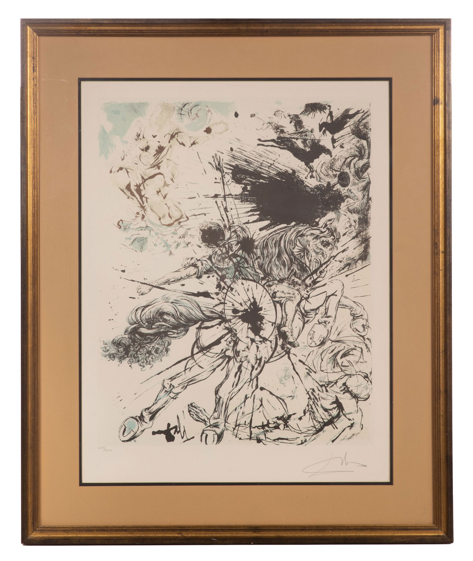 Salvador Dali (Spanish, 1904-1989) 'Apparition de Dulcinee' Lithograph: Salvador Dali (Spanish, 1904-1989) 'Apparition de Dulcinee' Lithograph Undated, pencil signed, #237/300, from the 'Pages choisies de Don Quichotte de la Mancha' series, matted behind glass in a gold-t