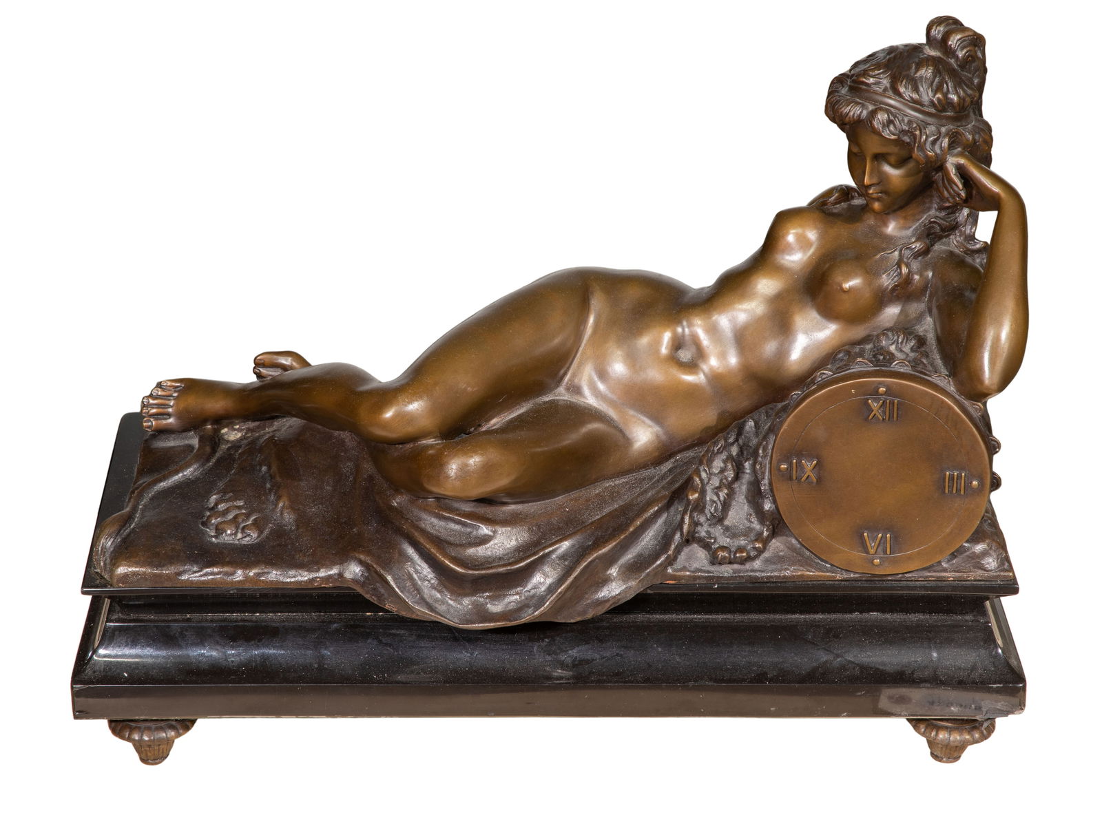 Shabtai (20th Century) Bronze Sculpture: Shabtai (20th Century) Bronze Sculpture Undated, incised signature on back edge, depicting a recumbent female, mounted on a marble footed base Property from: a Private Collector, Hinsdale, Illinois He