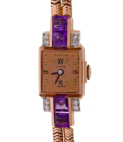 Clinton 14k Rose Gold, Amethyst and Diamond Case and Band Wristwatch