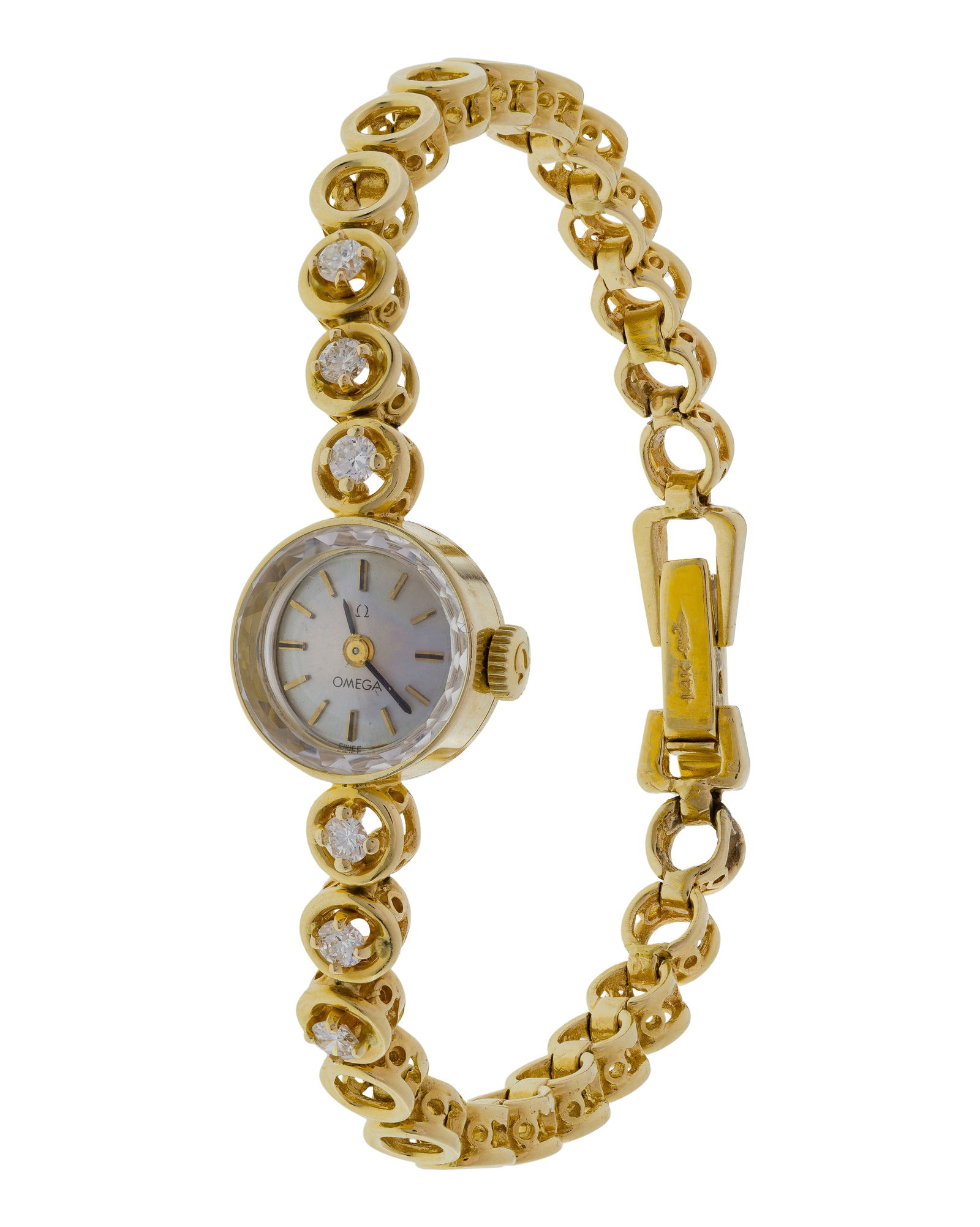 Omega 14k Yellow Gold and Diamond Case and Band Wristwatch: Omega 14k Yellow Gold and Diamond Case and Band Wristwatch Round dial, serial # 23215108 dating to 1966, 17-jewel Swiss movement, band adorned by six round cut diamonds (marked '14k' on back of case a