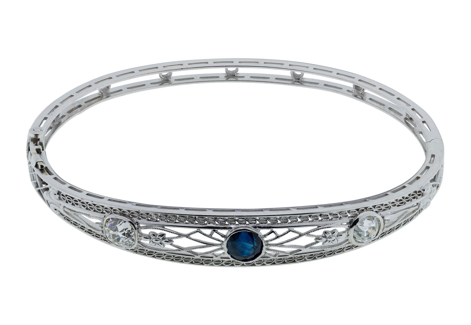 14k White Gold, Sapphire and Diamond Hinged Bangle Bracelet (1 of 2)