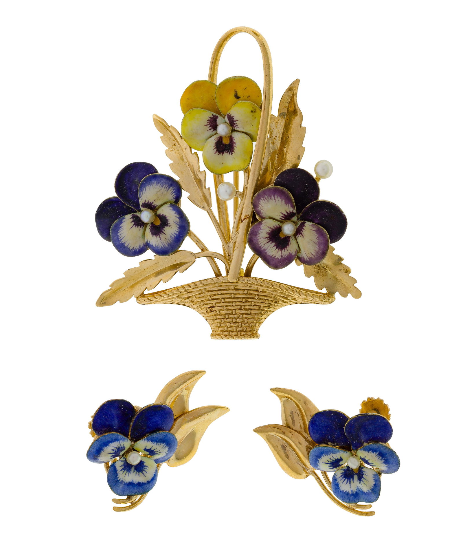 14k Yellow Gold, Enamel and Pearl Brooch and Earrings: 14k Yellow Gold, Enamel and Pearl Brooch and Earrings (2) items including a basket-form brooch and a pair of earrings, all having enameled pansies and pearls (marked '14k') Property from: an Estate, N