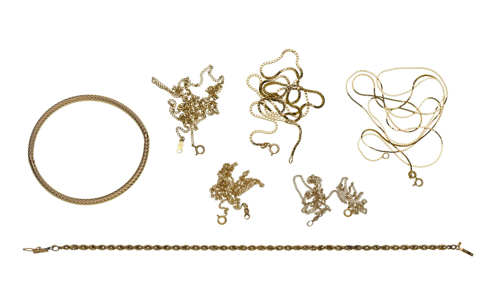 14k Yellow Gold Jewelry Assortment: 14k Yellow Gold Jewelry Assortment (7) items including (5) necklaces, a twisted rope bracelet and a hinged bangle bracelet (all marked '14k' / '585') Property from: an Estate, La Grange, Illinois Leng