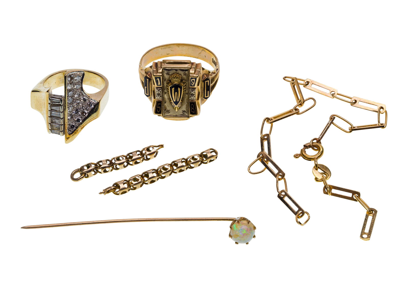 14k and 10k Yellow Gold Jewelry Assortment: 14k and 10k Yellow Gold Jewelry Assortment (6) items including a ring having diamonds, a bracelet and (2) sections of chain (bracelet marked '14k') as well as a 1958 school ring and a stick pin having