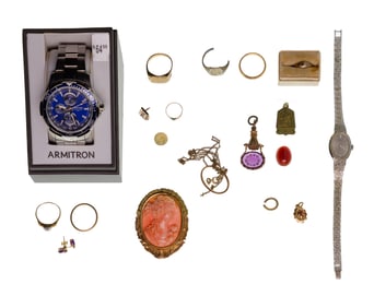 14k and 10k Gold, Costume Jewelry and Wristwatch Assortment