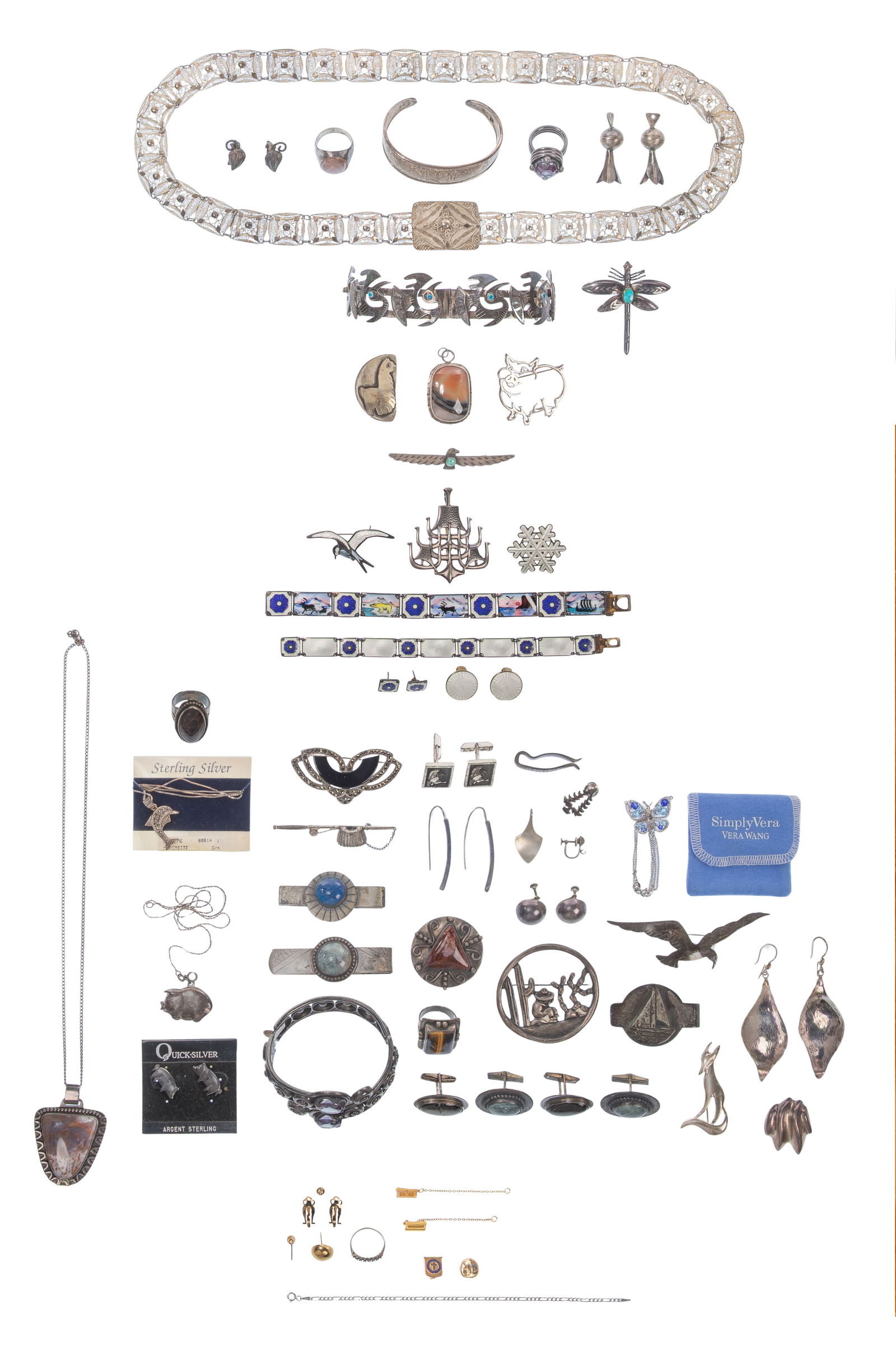 Gold, Sterling Silver, Rhinestone and Costume Jewelry Assortment: Gold, Sterling Silver, Rhinestone and Costume Jewelry Assortment Including an assortment of (5) 14k scrap gold items (some marked '14k'), 10k gold consisting of pins, bracelet and tooth cap (some mark