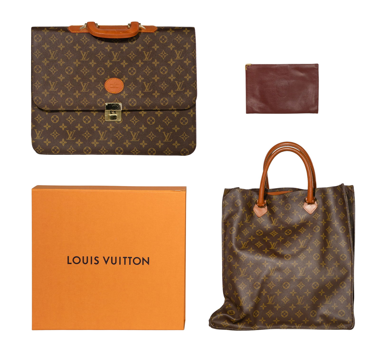 Louis Vuitton and Cartier Assortment: Louis Vuitton and Cartier Assortment (3) items including a Laguito briefcase having monogrammed canvas, flat squared handle, front flap and three interior pockets, a Sac Plat tote having monogrammed c