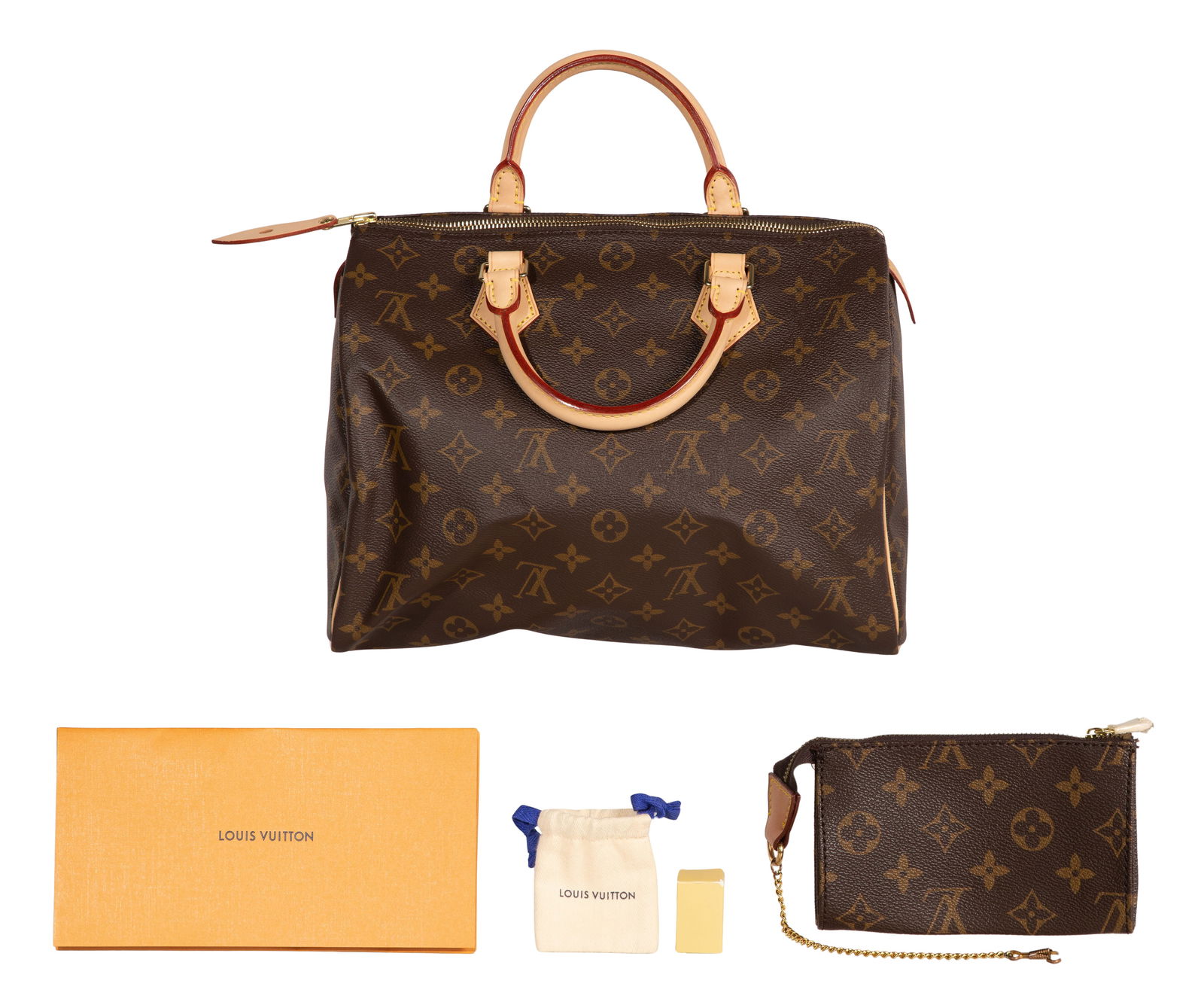 Louis Vuitton Speedy 30 Handbag: Louis Vuitton Speedy 30 Handbag Having coated exterior monogram canvas, interior textile, vachetta leather trim, attachable wallet, including paperwork, locks with keys Property from: a Private Collec