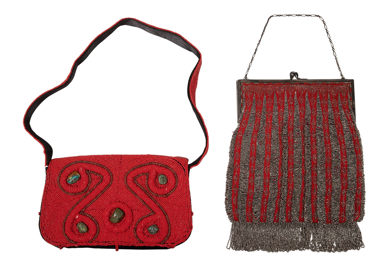 Beaded Purses: Beaded Purses (2) items including a Barse bag having shoulder strap, coral color glass beadwork and applied turquoise stones, label to interior as well as an unmarked cut steel beaded flapper purse ha