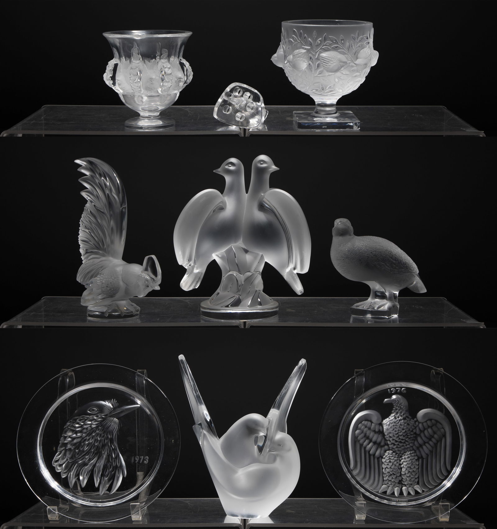 Lalique Crystal Assortment: Lalique Crystal Assortment (9) items including an Ariane doves figurine, a Sylvie dove vase with a flower frog, a Coq Nain rooster figurine / car mascot, a partridge figurine, an Elisabeth vase, a Dam