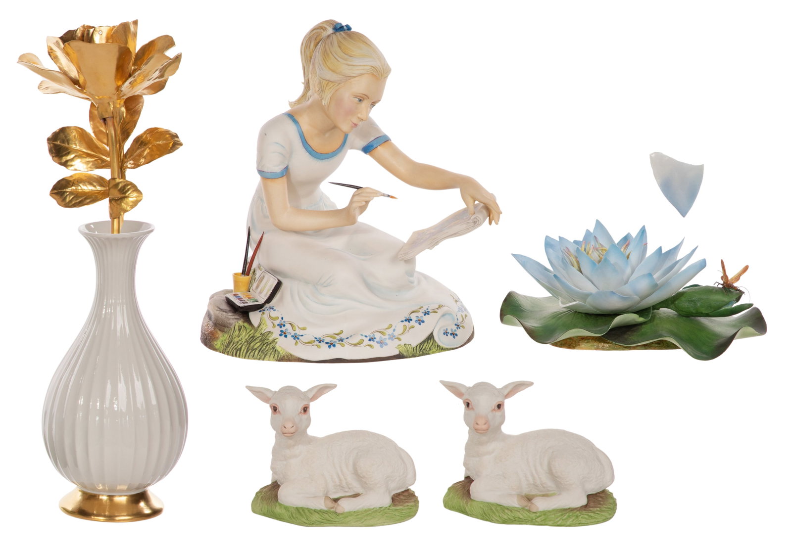 Boehm Porcelain Figurine Assortment: Boehm Porcelain Figurine Assortment (6) items including a #700-4 Paintress, a limited edition blue lily pad, (2) #400-97 lambs, a #700-8 vase, all stamp marked underside, and a gilt rose having painte