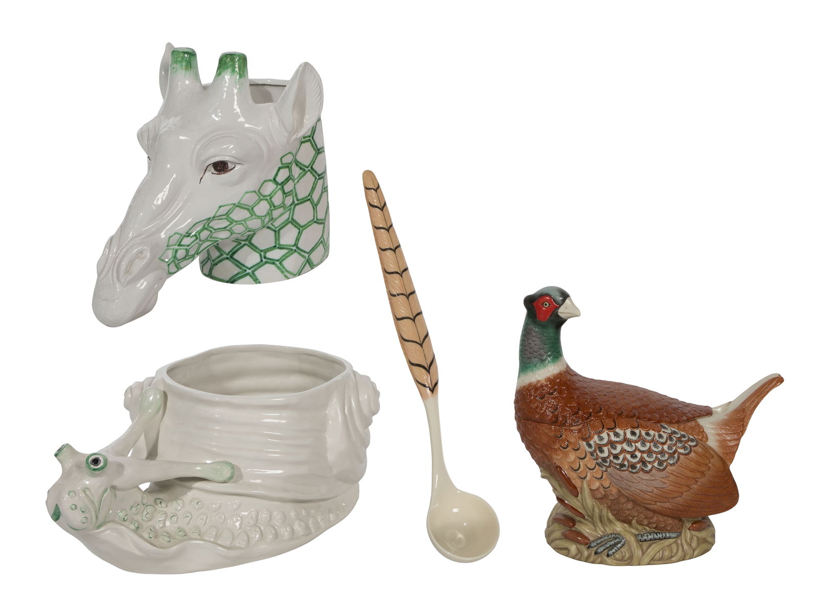 Ceramic Animal Assortment: Ceramic Animal Assortment (3) items including a Lenox Riverwood pheasant-shaped covered tureen and ladle (which depicts a long tail feather when held in place by lid), a giraffe head vase and a snail