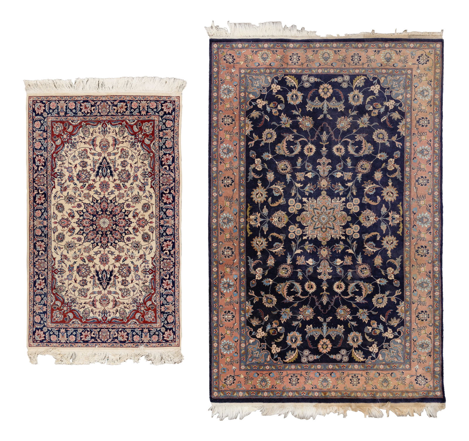 Persian Wool Rugs: Persian Wool Rugs (2) items including a hand woven floral in hues of rust, cream and gray on a blue field and a floral in hues of wine, blue and mauve on a cream field (5 ft. 1 in. x 3 ft. 1 in.) Prop