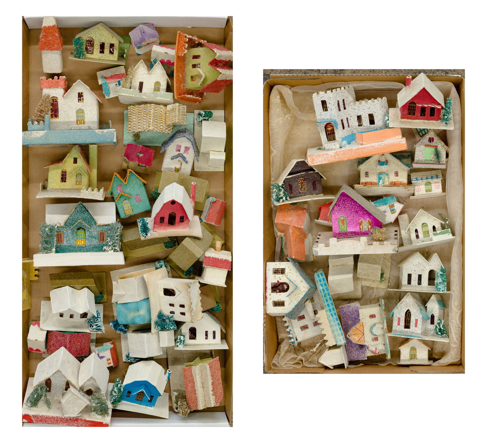 Holiday Putz Cardboard House Assortment: Holiday Putz Cardboard House Assortment Approximately (50) houses of various shapes and sizes (all marked 'Japan') Property from: an Estate, Chicago, Illinois Height: 8 1/2 inches, Width: 5 3/4 inches