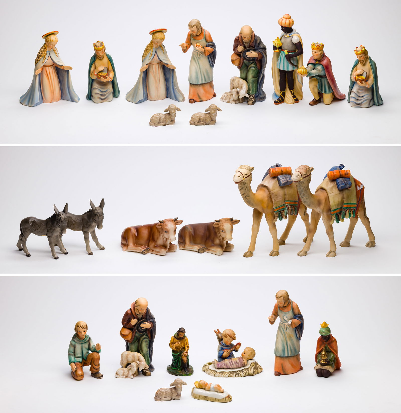 Hummel Nativity Assortment: Hummel Nativity Assortment (24) items of various sizes and colors, including the Christ child, Mary, Joseph, Kings, animals, all marked on the underside Property from: an Estate, Chicago, Illinois Hei