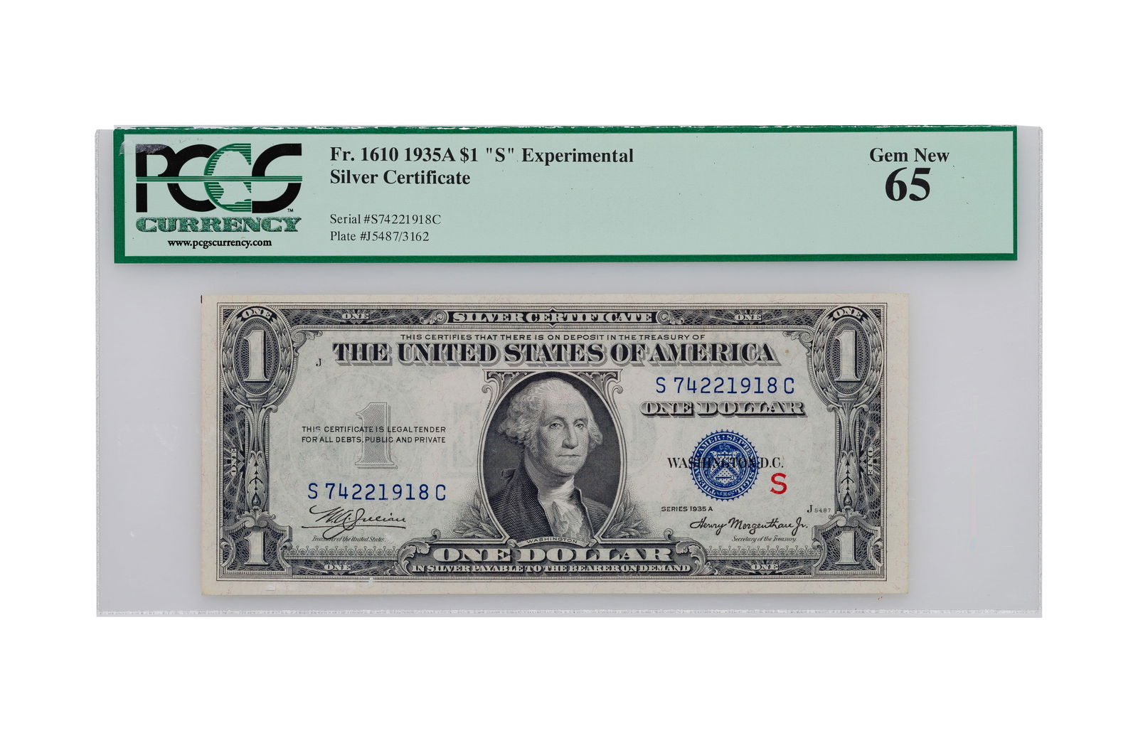 1935-A $1 Experimental (S) Silver Certificate GEM NEW 65 PCGS (1 of 2)
