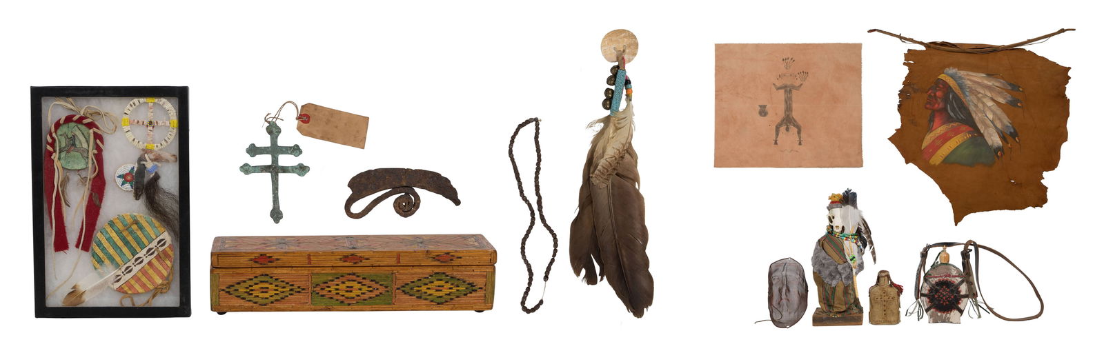 Native American Object Assortment: Native American Object Assortment (12) total items including metal trade beads, an Ulu knife, Lakota copper trade cross, a matchstick box, ceremonial rattle, a display case having various accessories,